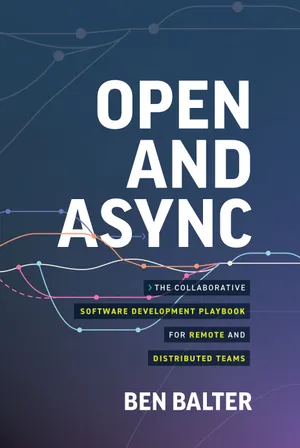 Open and Async front cover — navy-to-violet with a multicolor commit graph